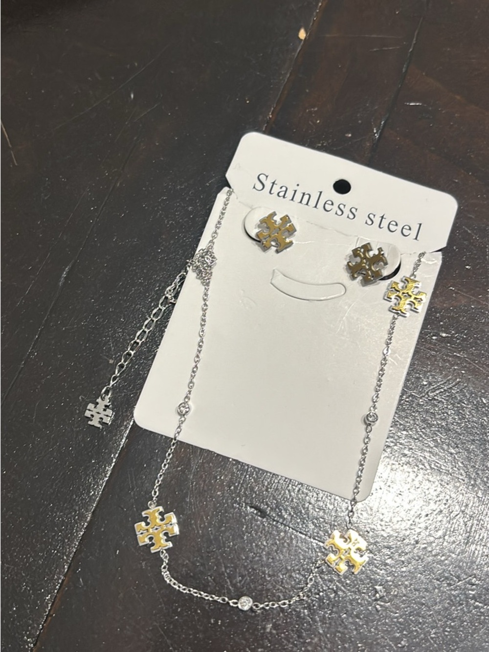 Stainless Steel Two-Tone Puzzle Pendant Necklace & Earring Set - Gold & Silver
